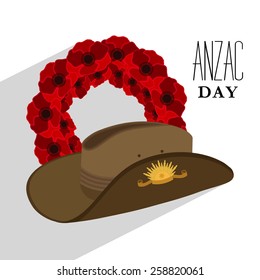 Red poppy flower wreath with Australian army hat for Anzac Day or Remembrance Armistice Day.