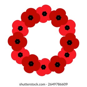 Red poppy flower wreath illustration on white background. Clipart image isolated on background.