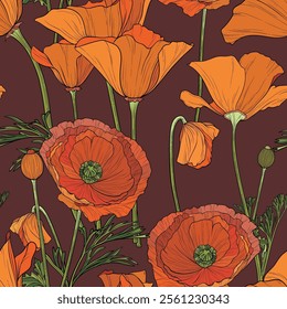 red poppy flowers botanical illustration Seamless pattern