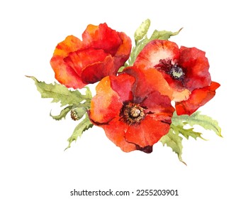 Red poppy flowers bouquet. Watercolor card design for Memorial, Anzac day