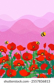 Red poppy flowers. Poppy field flat color illustration. Relaxing nature landscape. For prints, cover or card designs, art decoration.