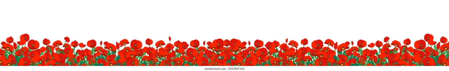 Red poppy flowers. Poppy field flat color illustration. Relaxing nature landscape. For prints, cover or card designs, art decoration.