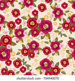 Red poppy flowers in folk style. Vintage vector seamless pattern background for design, graphic art, printing and hobby