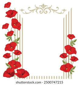 Red Poppy flowers and golden frame with ornament 