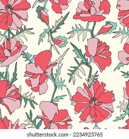 Red poppy flowers with green leaves on a light background. Hand-drawn Seamless vector pattern. Botanical design for textiles, prints, fabric