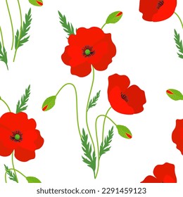 Red poppy flowers with green leaves isolated on a white background. Seamless vector pattern.