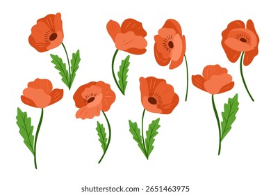 Red poppy flowers with green leaves, hand drawn in flat minimal style. Symbol of remembrance and delicate natural beauty concept