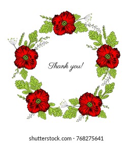 Red poppy flowers, leaves floral wreath isolated on a white background, Round frame hand drawn doodle vector sketch herbal  colorful illustration design for greeting card, wedding invitation, cosmetic