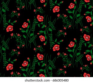 Red poppy flowers on black background, floral seamless pattern