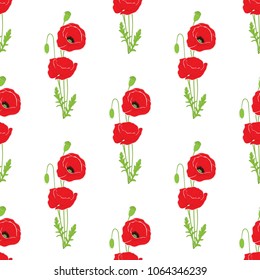 Red poppy flowers on white background. Seamless background pattern. Vector illustration.