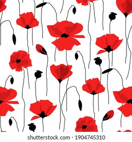 Red poppy flowers on white background. Seamless pattern. Flat cartoon style. Vector illustration.