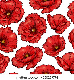 Red poppy flowers  on a white background vector seamless pattern