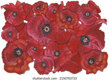 Red poppy flowers painted gouache + watercolor. Cut off of the original background and copy pasted in different angles and sizes to make a pattern filled with multiple poppies. Realistic.