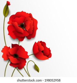 Red poppy flowers. Paper floral background