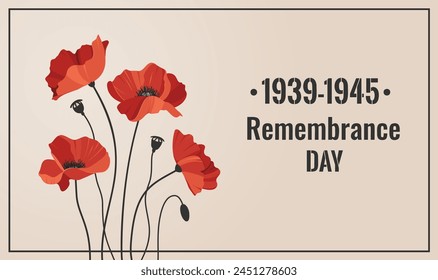 Red poppy flowers with remembrance day text on beige neutral background. Vector illustration