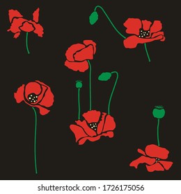 Red poppy flowers seamless pattern on black background. 
Can be used as a set of vector illustrations of poppies or as a  seamless pattern for textile, wallpapers, prints and web.