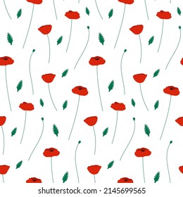 Red poppy flowers seamless pattern on white background. Trendy vector floral pattern design. Texture for web, textile and stationery.
