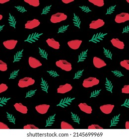 Red poppy flowers seamless pattern on black background. Trendy vector floral pattern design. Texture for web, textile and stationery.