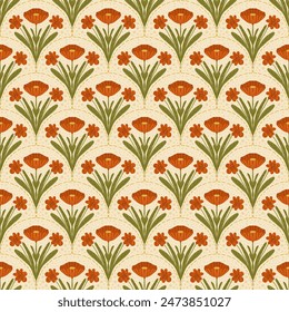 Rote Mohnblumen nahtlose Muster. Blumen endloser Hintergrund. Wildblumen-Muschel-Muster Ornament. Jugendstilisierte botanische Wiederholungsabdeckung. Vektorgrafik handgezeichnete Abbildung.