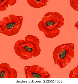 Red poppy flowers seamless pattern. Floral background. Vector cartoon illustration.