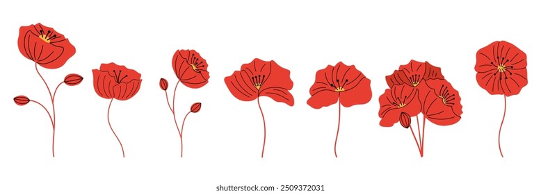 Red poppy flowers set. Red vector petals, bouquet of poppies on isolated background