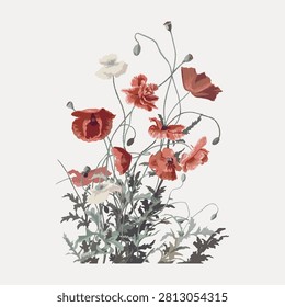 Red poppy flowers sticker, vector element.
