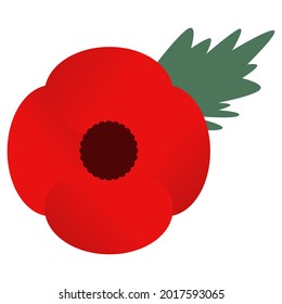 Red poppy and green leaf. Memory symbol. Design element for for Remembrance Day, Anzac Day. Vector illustration Isolated on white background