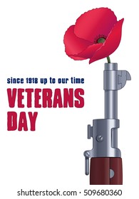 Red poppy is inserted into a barrel of the american bolt-action rifle and the original inscription 'Veterans Day' on a white background. 