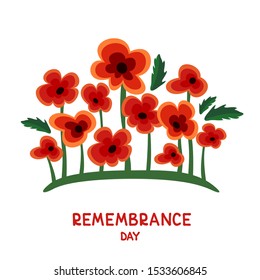 Red poppy with leaves isolated on white background. Remembrance Day vector illustration. Design element for poster, banner, leaflet or sticker.