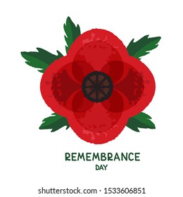 Red poppy with leaves isolated on white background. Remembrance Day vector illustration. Design element for poster, banner, leaflet or sticker.