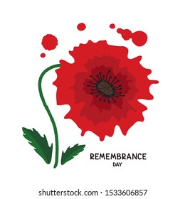 Red poppy with leaves isolated on white background. Remembrance Day vector illustration. Design element for poster, banner, leaflet or sticker.