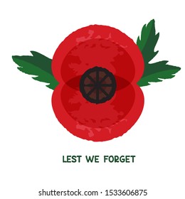 Red poppy with leaves isolated on white background. Remembrance Day vector illustration. Design element for poster, banner, leaflet or sticker.
