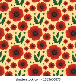 Red poppy with leaves. Seamless pattern. Remembrance Day or Anzac Day vector illustration. Design element for fabric, wallpaper, wrapping paper.