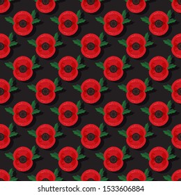 Red poppy with leaves. Seamless pattern. Remembrance Day or Anzac Day vector illustration. Design element for fabric, wallpaper, wrapping paper.