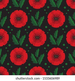 Red poppy with leaves. Seamless pattern. Remembrance Day or Anzac Day vector illustration. Design element for fabric, wallpaper, wrapping paper.