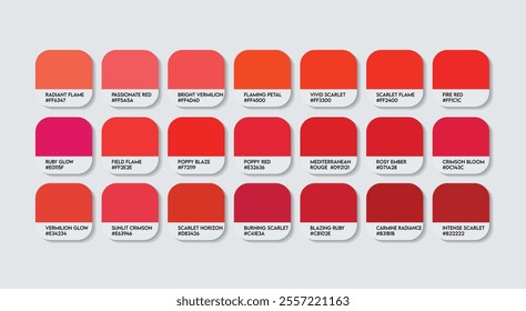 Red Poppy (Mediterranean) Flower Color Palette, Red Poppy Flower Color Guide Palette with Color Names. Catalog Samples of Papaver rhoeas Flower colors with RGB HEX code. Vehicle Red Color Palette