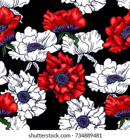  Red poppy on black background. Seamless background pattern. Hand drawn vector illustration.