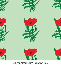 red poppy on a green background vector pattern