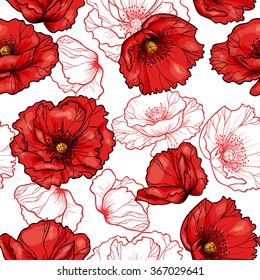 Red poppy on white background. Vector seamless pattern