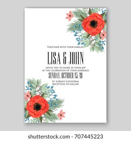 Red poppy peony, anemone wedding invitation card printable template