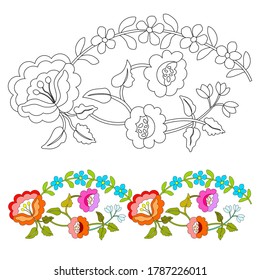 Red poppy, peony, forget-me-not, hand-drawn black line on white background, coloring for children, print for coloring book, use for coloring with watercolors,markers or pencils