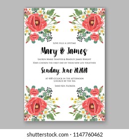 Red poppy rustic country wedding invitation vector template feeld wild floral wreath background