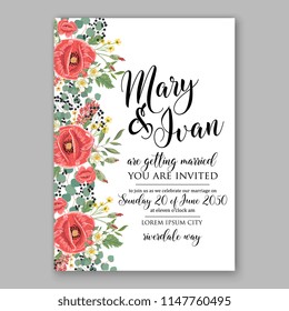 Red poppy rustic country wedding invitation vector template feeld wild floral wreath background