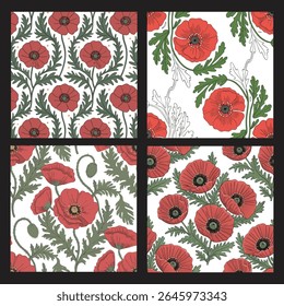 Red Poppy Seamless Pattern Bundle, Vintage floral vector pack featuring bold red poppy flowers, green detailed leaves, yellow pollen dots, spiral layout and soft shadow on cream background