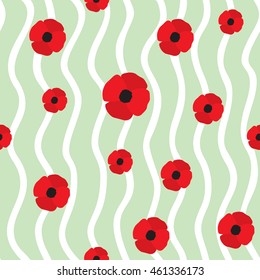 Red poppy seamless pattern. Repeating texture with stylized flowers and wavy vertical lines. Floral vector continuous background.