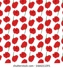 Red Poppy seamless pattern. Vector poppies on white background.