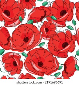 Red Poppy seamless pattern vector repeating texture. Red poppies flowers on white background,hand drawing.Design for textile,fabric,paper, wallpapers, prints and web design.