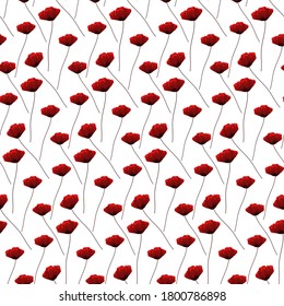 red poppy seamless vector pattern. white background