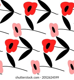 red poppy seamless vector pattern. on white background, field flowers, botanical illustration , flat geometrical