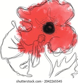 Red poppy and silhouette of a dancing girl